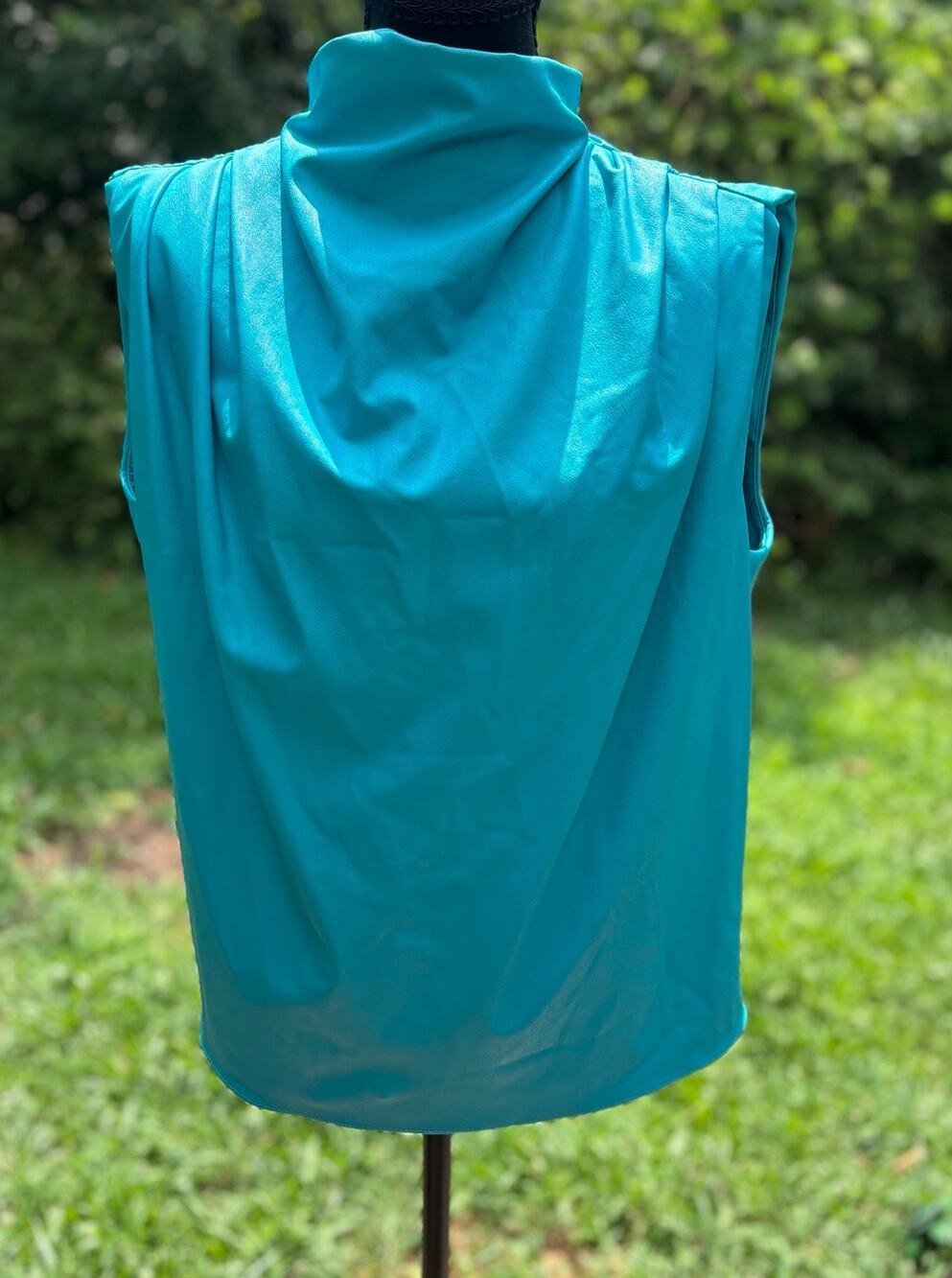 Amanda Uprichard Fabienne Top Faux Leather Turquoise Mock Neck Padded Shoulder M
